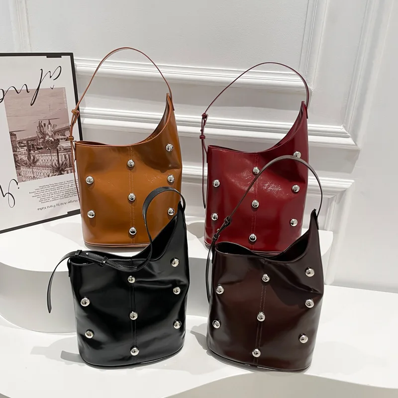 

2025 New Studded Underarm Bucket Bag for Women, Genuine Leather Multi-way Crossbody Shoulder Purse, Tote Bags for Women