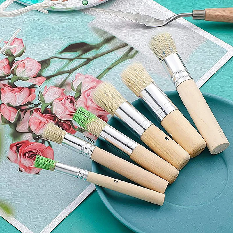 3Pcs DIY Wooden Stencil Brush Pure Natural Bristle Paint Brush Oil Painting Wooden Handle Brush Professional Art Supplies