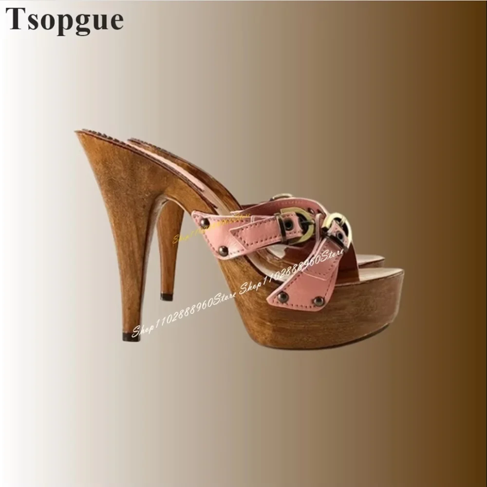 

Wood Platform Pink Belt Buckle Strap Slippers Spike High Heel Shoes For Women Slip On Open Toe Occidental Style Stylish Slippers