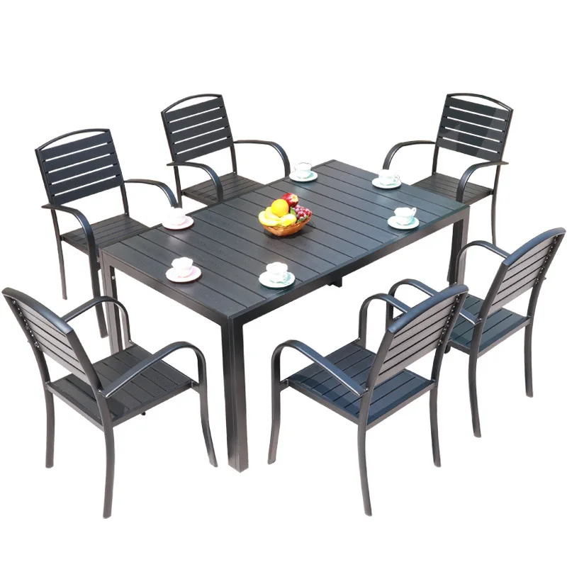 Outdoor tables and chairs set Solid wood outdoor courtyard tables and chairs Open-air sunscreen waterproof plastic wood leisure