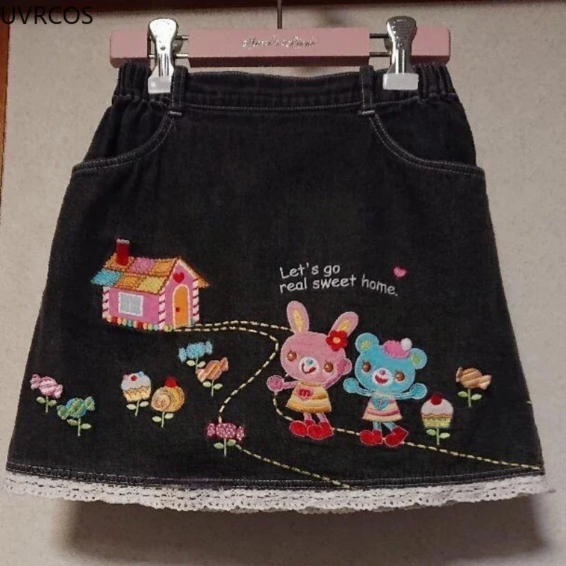 

Y2k Aesthetic Harajuku Style Denim Skirt Women Kawaii Cartoon Embroidery Mini Skirt Gothic Lolita Pleated Skirt Jk Saia Feminina