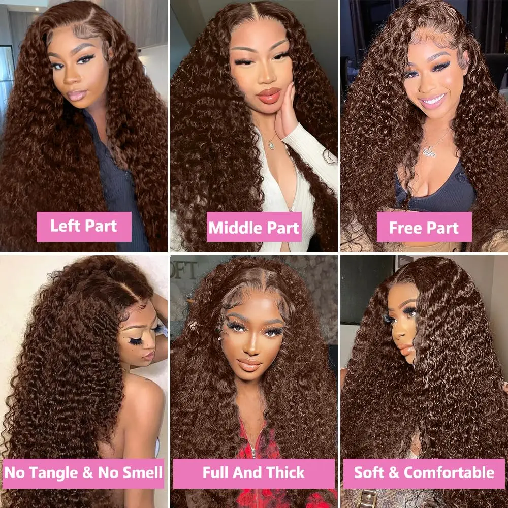 Chocolate Brown Deep Wave 13x6 HD Lace Front Human Hair Wigs Colored Lace Frontal Wig For Women Curly Wigs Glueless Water Wave
