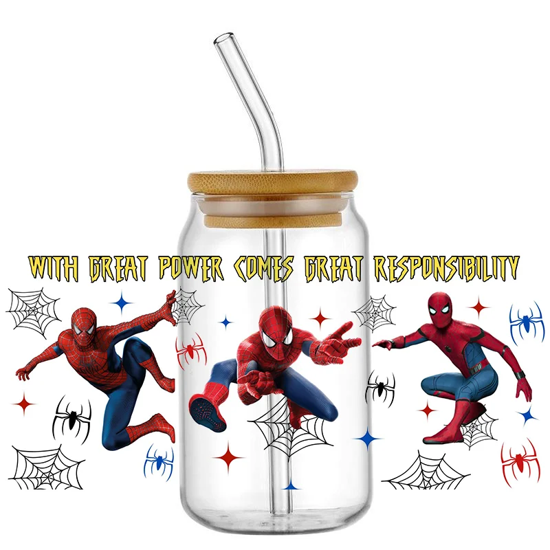 Miniso Spiderman various UV DTF Sticker For 16OZ Libbey Glass Cup Can Cartoon Cars Wrap Transfer Sticker Custom Labels DIY Logo