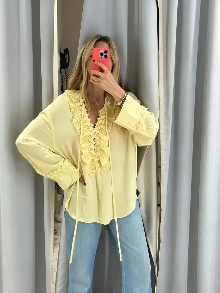 Women Yellow Chiffon Ruffle Blouse Summer Loose Top