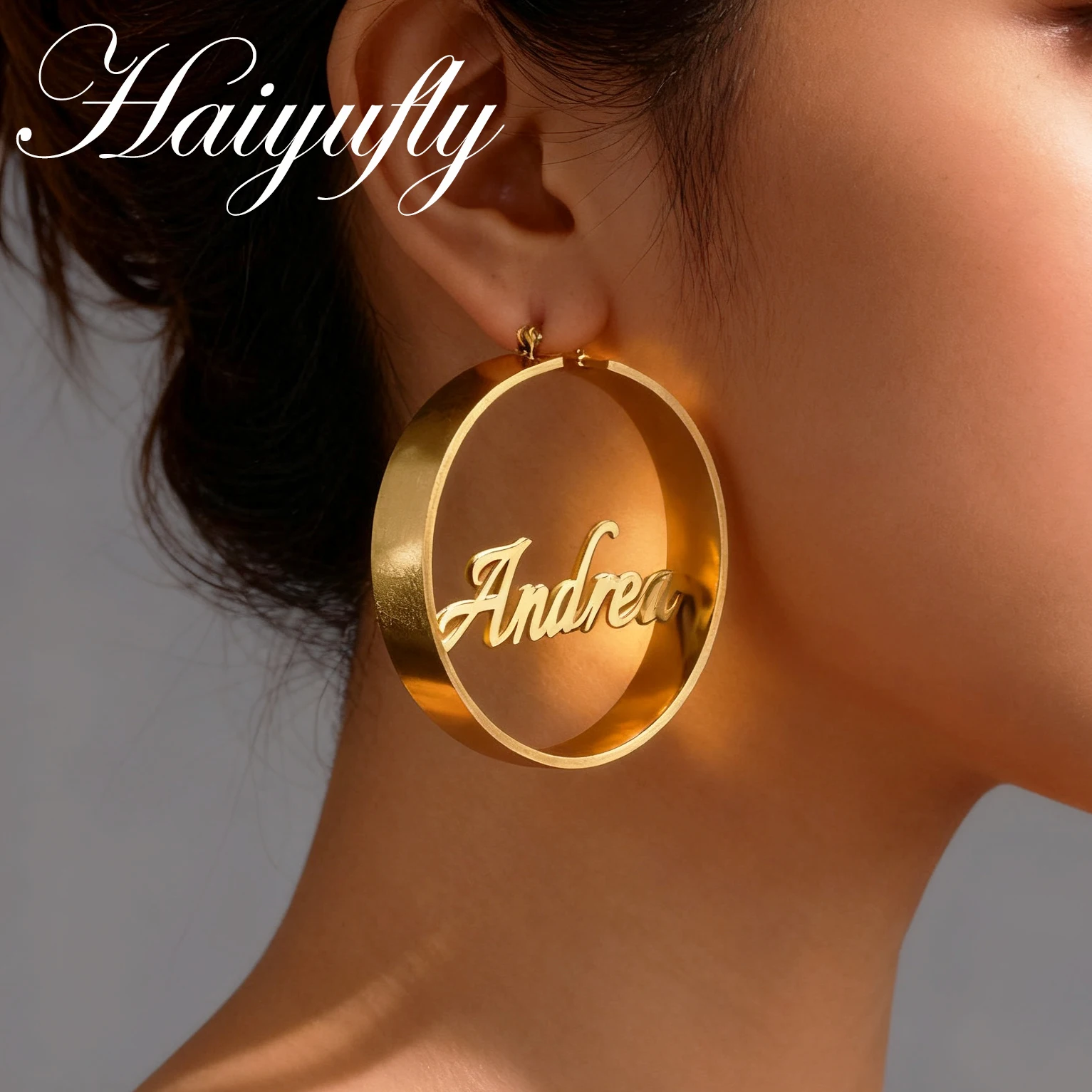 

Haiyufly серьги с индивидуальным именем для женщин, ювелирные изделия из нержавеющей стали, серьги-кольца, сварочная табличка с именем, рождественский индивидуальный подарок