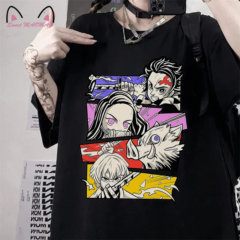 Mulheres Demon Slayer Anime Estampado manga curta camiseta, roupas de verão, blusas fashion femininas, Demon Slayer camiseta dos desenhos animados