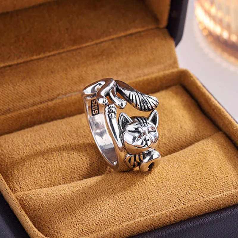 Best Sell Vintage Little Cat Animal Design Thai Silver Female Party Ring Original Jewelry For Women Christmas Gifts No Fade
