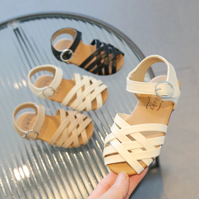 

Girl Summer Woven Leather Shoes Children Solid Color Hollow Breathable Single Shoes Woman Soft Soled Open Toe Kid Princess Shoes