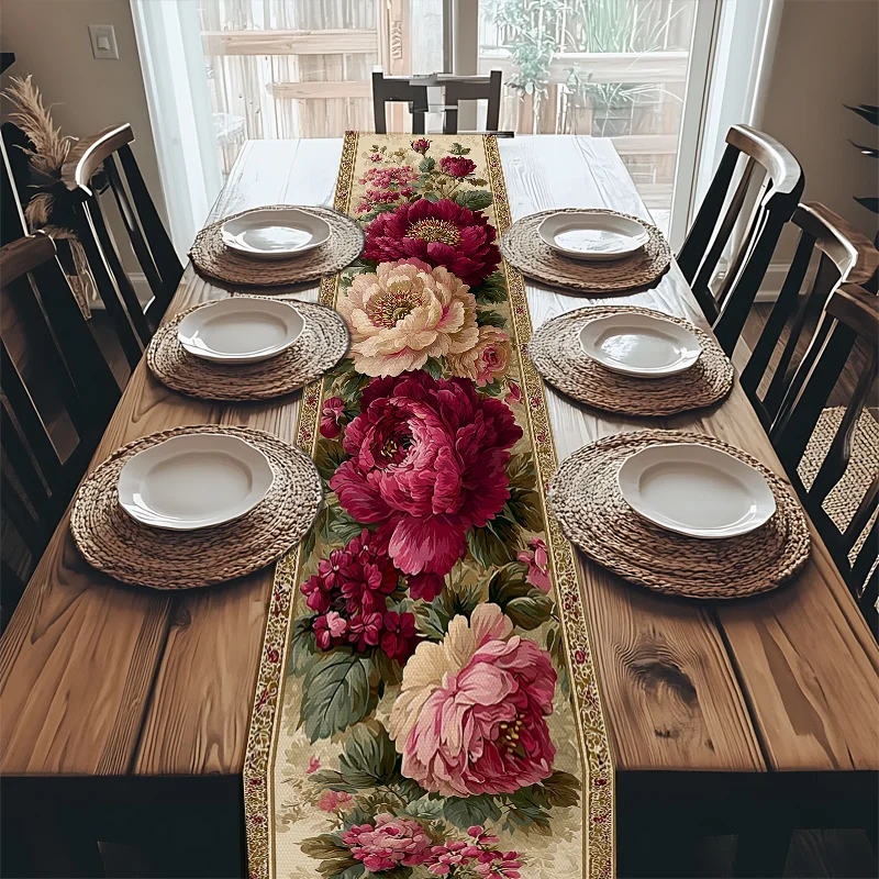Retro Peony Printed Table Flags, Suitable For Restaurants, Kitchens, Wedding Parties, And Other Home Decoration Table Flags