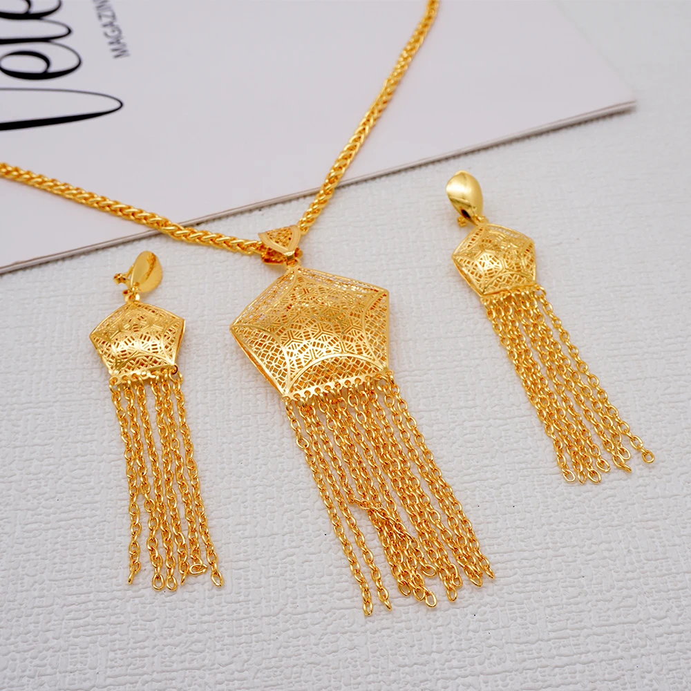 Fashion Charms Dubai Gold Color Tassels Pendant Necklace & Earrings Jewelry Set For Women Long Chain Weddings Accessory Gifts