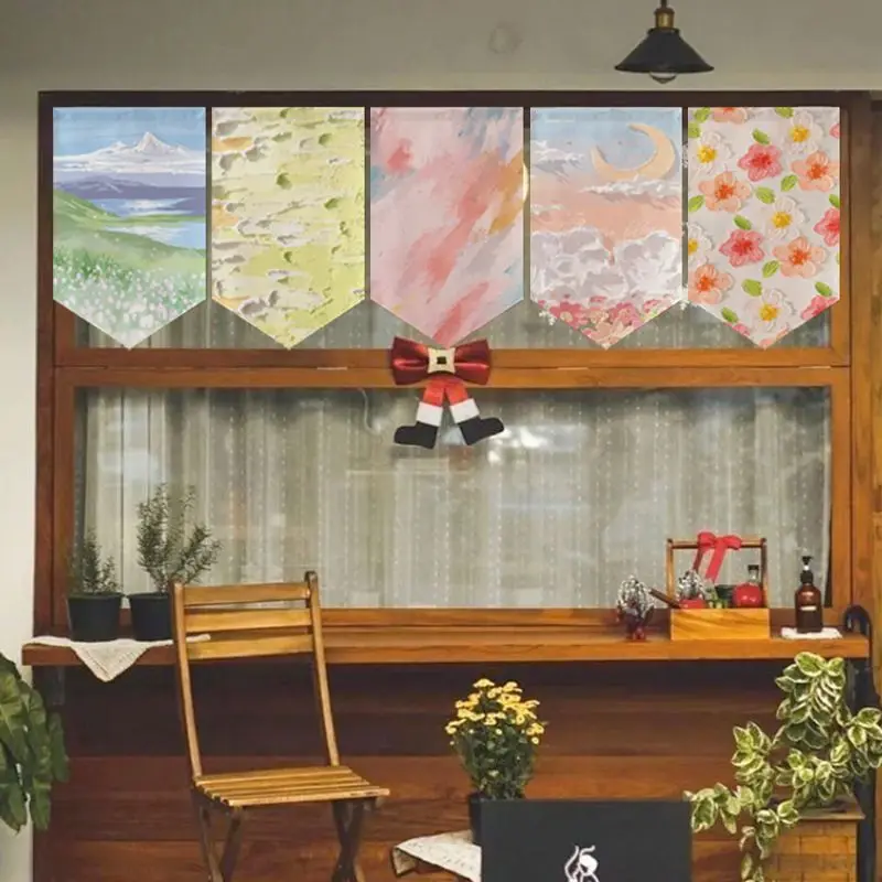 VIKAMA Oil Painting Landscape Triangular Curtain Snow Mountain Meadow Pink Brushstroke Moon Flower Dreamy Kitchen Window Valance
