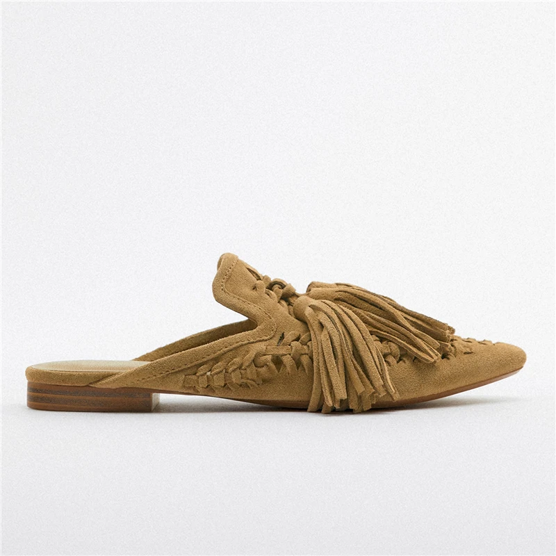 Suede Slippers Women Fringed Flat Mules Hollow Out Tassels Ladies Beach Shoes Handmade Luxury Gladiator Sandals Summer 2024