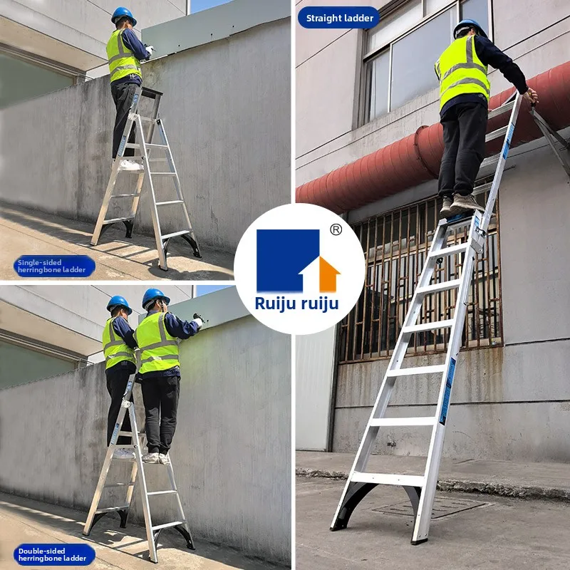 LMM aluminum alloy herringbone ladder folding straight ladder household thickened lightweight engineering ladder