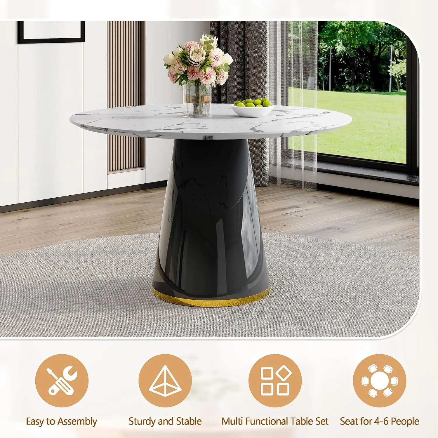 Round Dining Table Set for 4, 45''Marble Grain Dining Room Table Set for 4 with Upholstered Chairs, Modern Dinner Table image 6