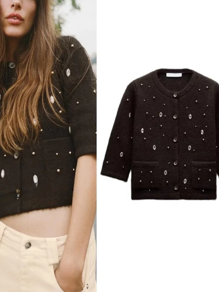 

Faionable Casual Beaded Gemstone Decorated round Ne f Sve Knitted Open Cardigan New Autumn Winter Women's Wear