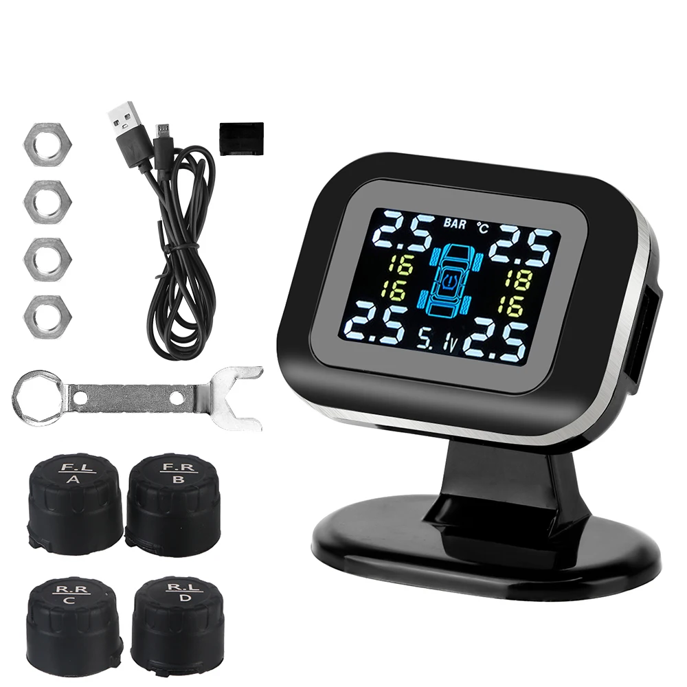 

LCD Display Mini Car Tire Pressure Monitoring System Wireless Auto Security Alarm Systems USB TPMS