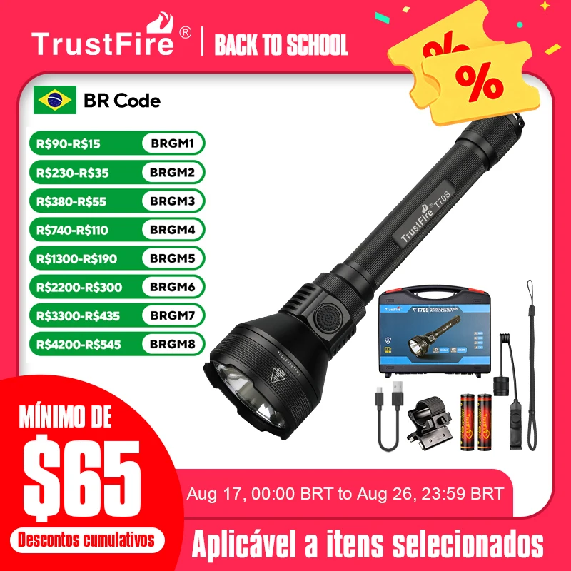 Trustfire t70s 2350lm ultra poderosa caça lanterna led 1050m feixe led tocha 18650 typc c luz recarregável lâmpada tática