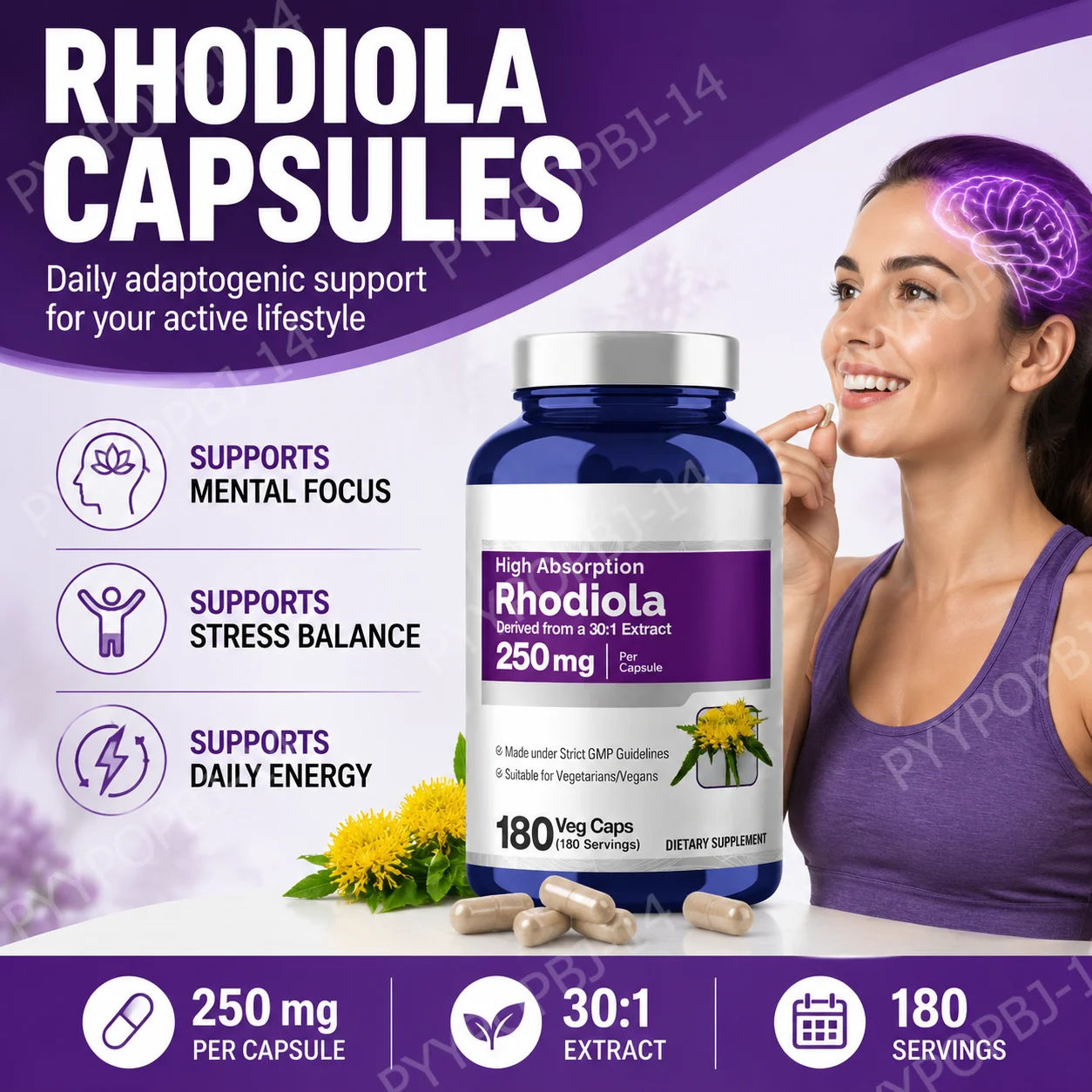 Rhodiola Rosea Supplement 180 Capsules 250mg Plant Extract per Serving Stress Reduction Energy Boost Cognitive Function Support