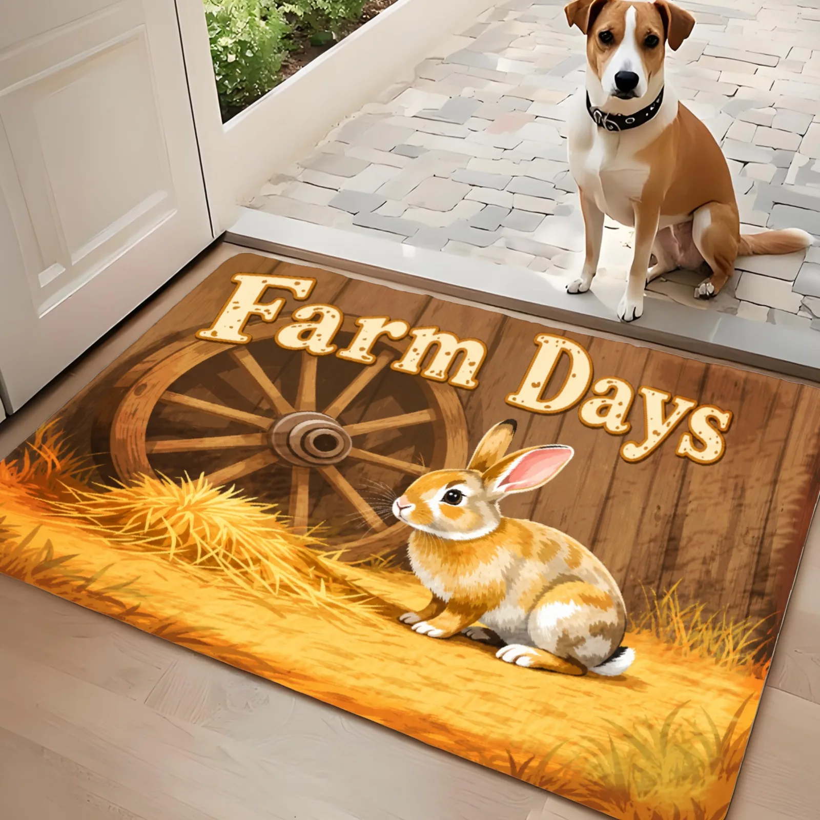 3PCS Kitchen Rugs,Home Decoration for Front Door, Kitchen, Bathroom, Farm Days Rabbit Wheel Hay Field Dining Mat