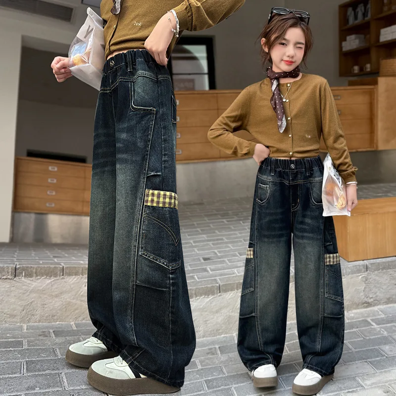 

Girls Workwear Jeans Spring Autumn Style Children Denim Pants Loose Wide Leg Curved Knife Cargo pants Multiple Pockets