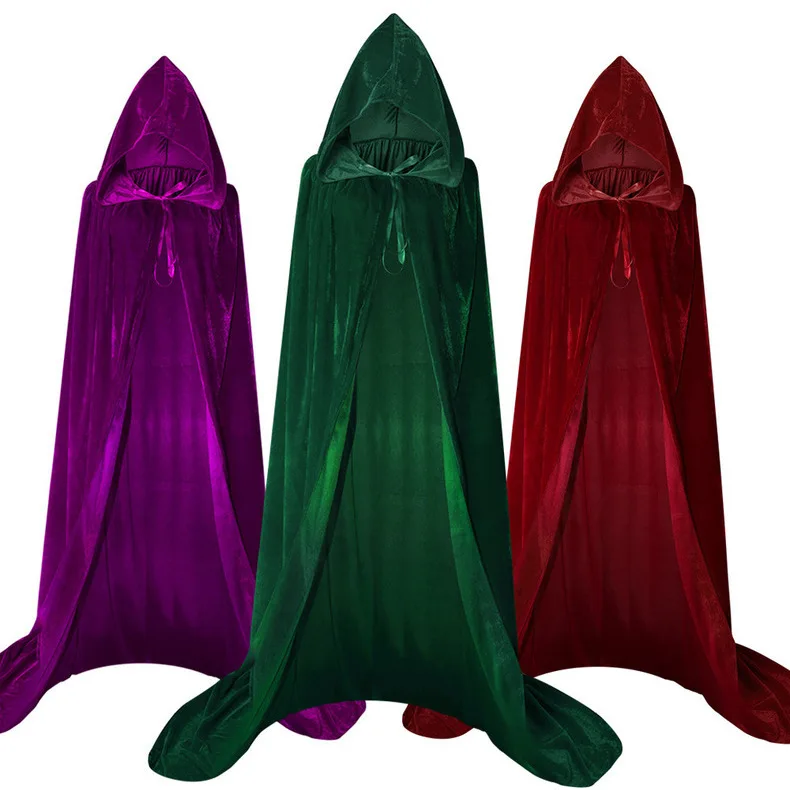

Halloween Cosplay Wizard Long Cape, Medieval Black Velvet Hooded Cape