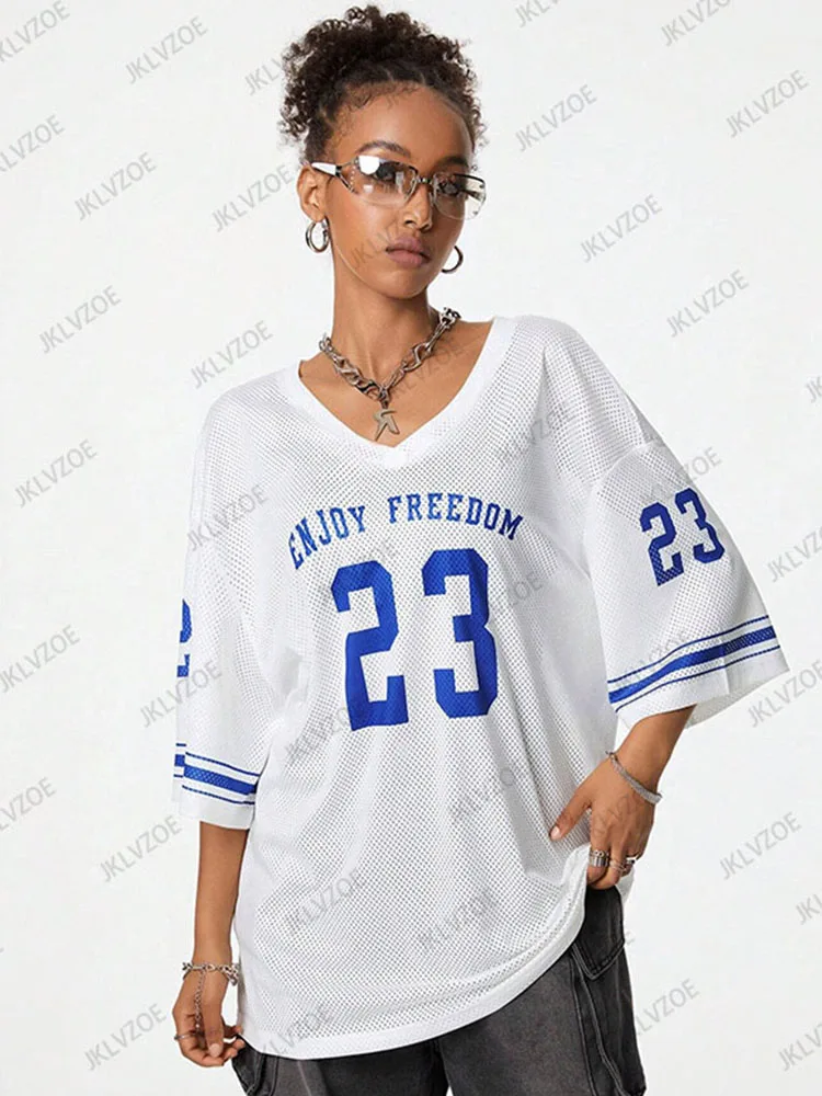 

Summer New White Enjoy Freedom 23 Print T-Shirt For Women V-Neck Short Sleeve Mesh Sports Football Jersey Y2K Oversized Tops