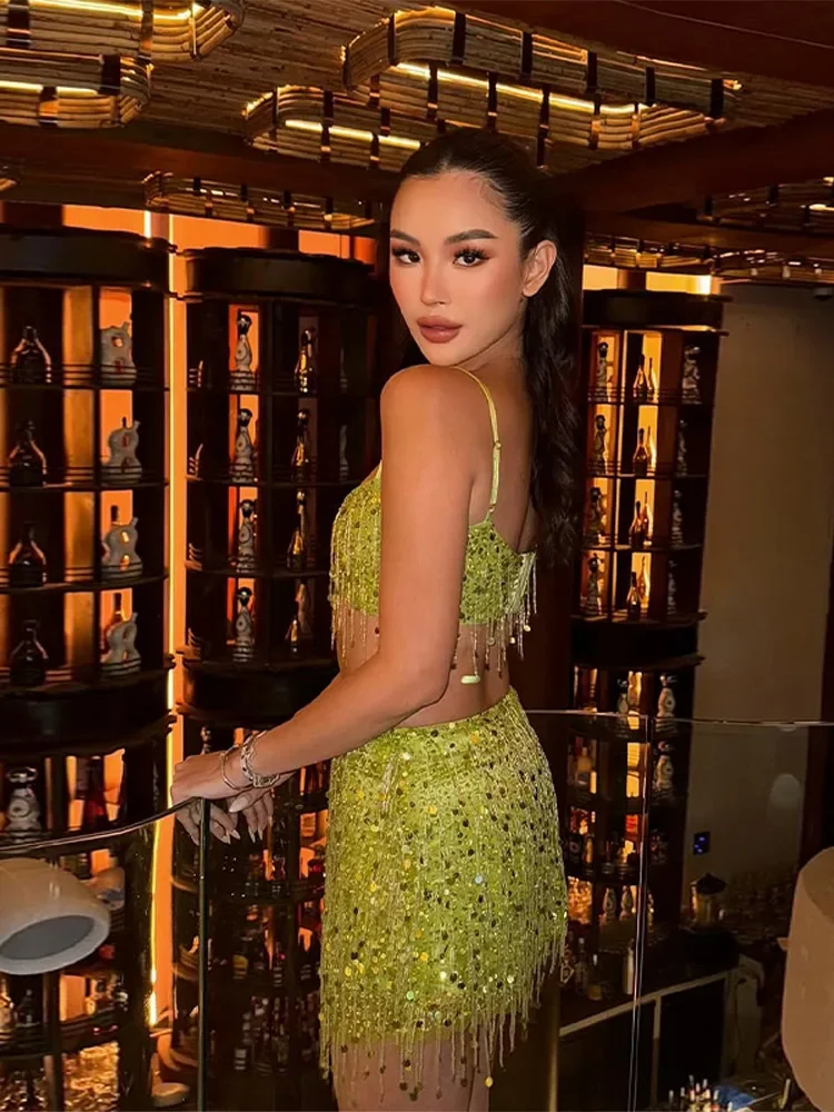 Sexy Tassel Sequin Mini Skirt Sets Women Crop Backless Sling Vest Short Hip Package A-line Skirts 2026 Summer Lady Party Outfits image 3