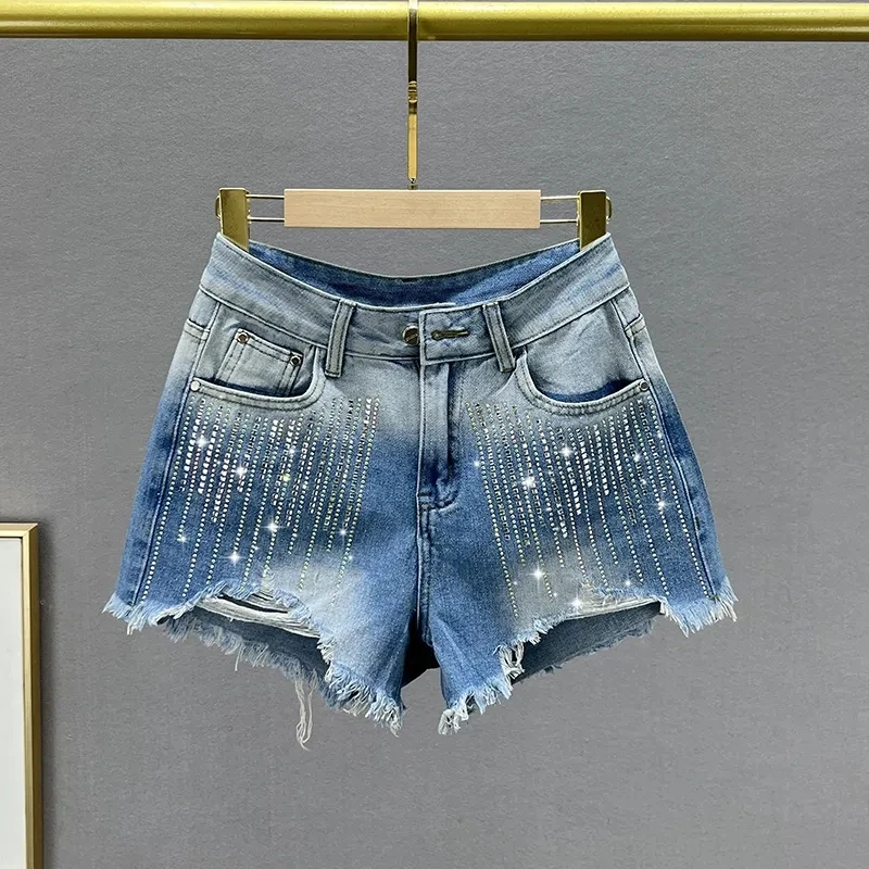 Denim Shorts Women's Streetwear 2025 New Summer High waisted Heavy Industry Hot stamping Hole wide leg pants hot Pants Female