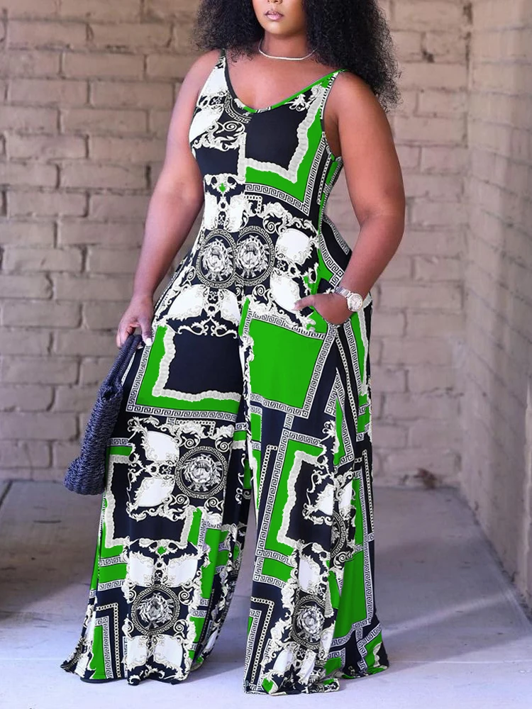 Plus Size kombinezon w stylu Casual, damski Plus kolorowy szalik z nadrukiem z okrągłym dekoltem z szerokimi nogawkami