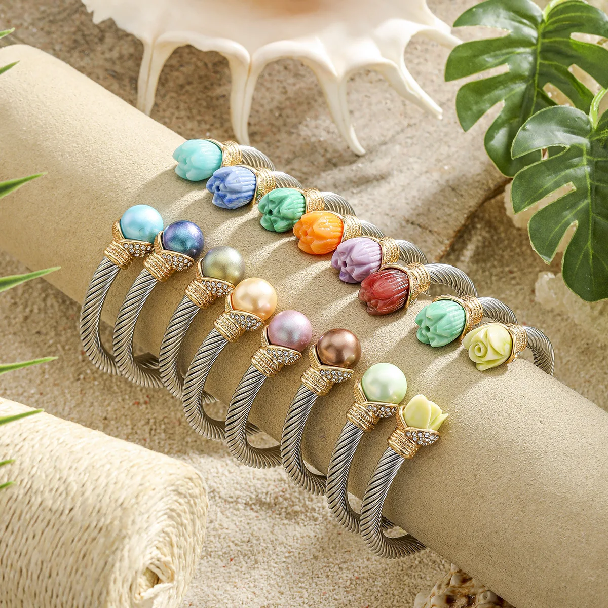 New Hawaiian Style Flower Beaded Double Head Open Bracelet Female Personality Simple Fashion Design Hand Jewelry