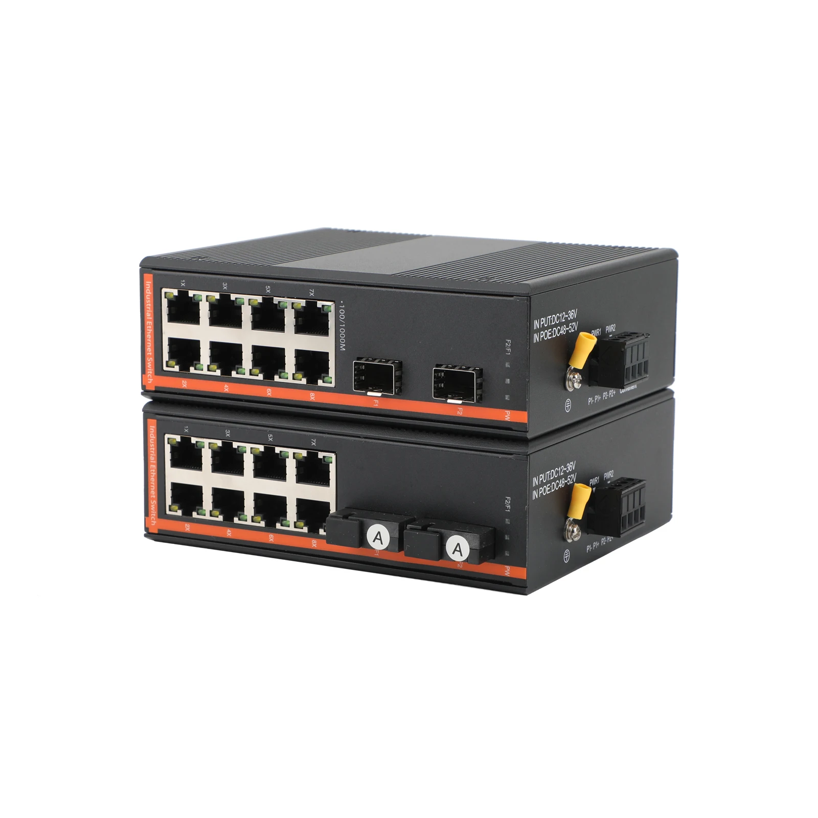 Industrial Media Converter, 2 Fiber SC Port & 8 Port Gigabit Ethernet, Single Mode 20KM Converter with SFP Slot, 12-48V DC