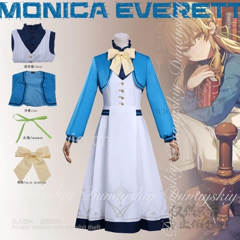 أسرار مو الساحرة الصامتة أنيمي مونيكا ايفريت تأثيري مع فستان أزرق أبيض لون القهوة شعر مستعار زي جميع مجموعة كوس