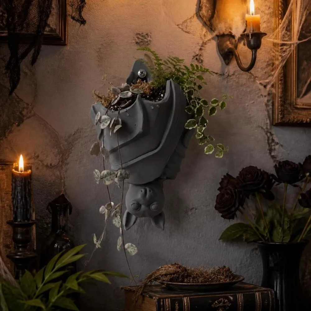 3D Printed Bat Hanging Planter Halloween Creative Bat Wing Flowerpot Gothic Style Funny Bat Shaped Flower Pot Living Room
