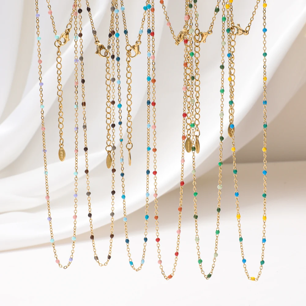 

Fashion Gold Color Hot Pink Stainless Steel Women's Necklace with Satellite Enamel Beads Link Cable Chain Chic Summer Accessory