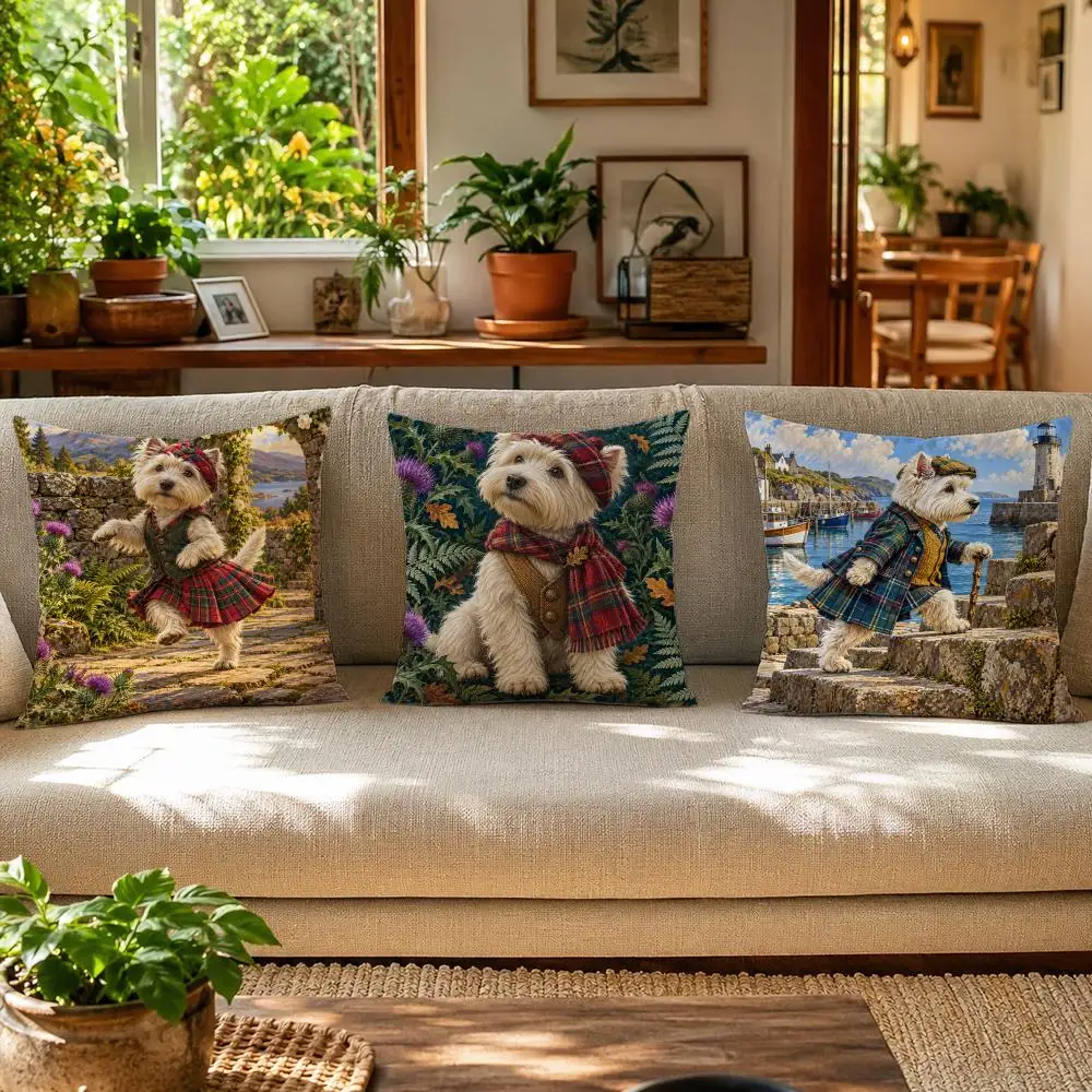 Westie In Scottish Highland Dog Cushion Cover Skin-Friendly Organic Linen Pillow Cover Durable Hypoallergenic Washable Soft
