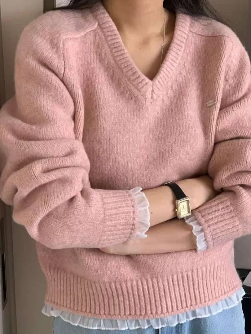 أنيقة الدانتيل تقليم متماسكة سترة V-Ne المرأة الحلو تنوعا تصميم أعلى لطيف لينة الشتاء Faion عارضة شيك Sle