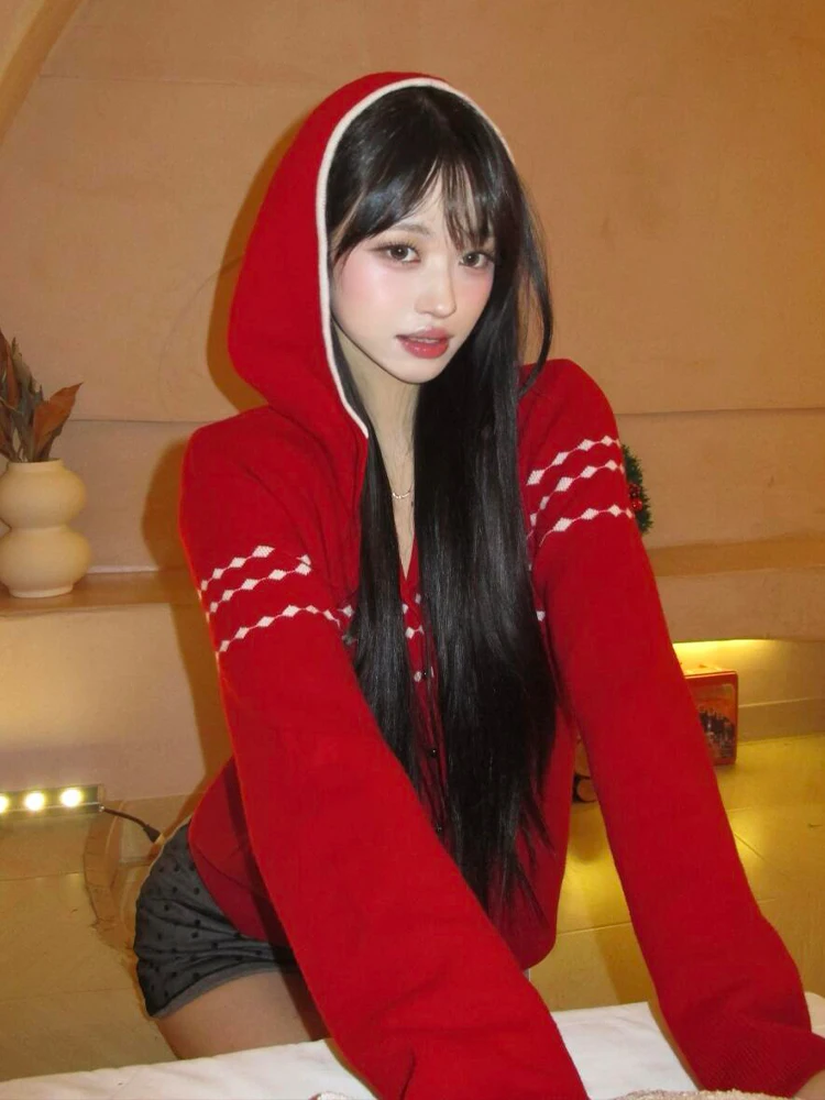 

Cisas Theme Loose Knitted Hat Women's Sweater Coat Red Cisas Color Blo Long Sve Warmth Outerwear Casual Sle