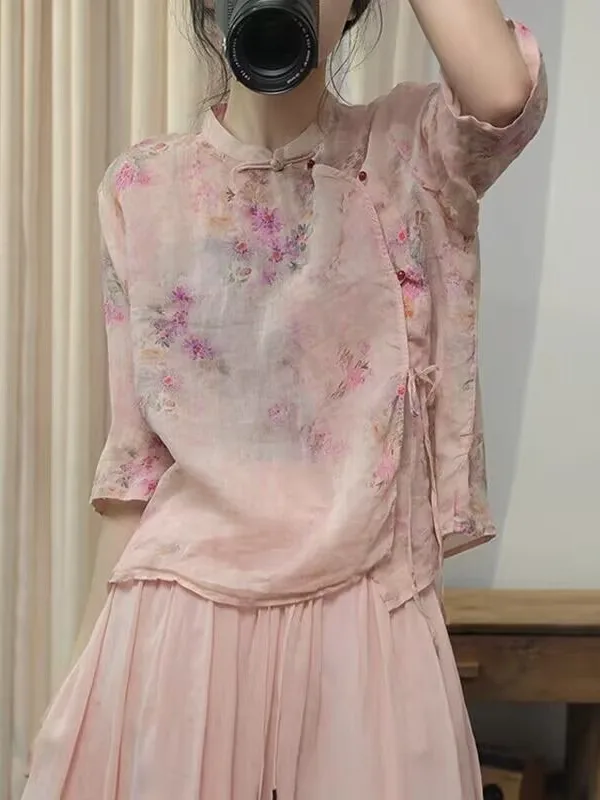 قميص كتان خفيف الوزن بأزرار وأكمام نصفية مطبوعة، بلوزة صيفية كاجوال للنساء ذوات المقاسات الكبيرة، بأسلوب فني للارتداء اليومي