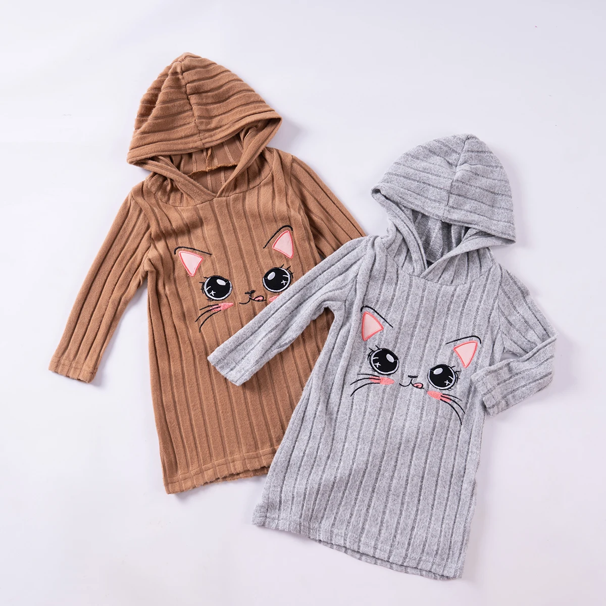 Girls Cat Pattern Knitted Long Sleeve Hooded Dress For Spring Fall Outdoor Activities