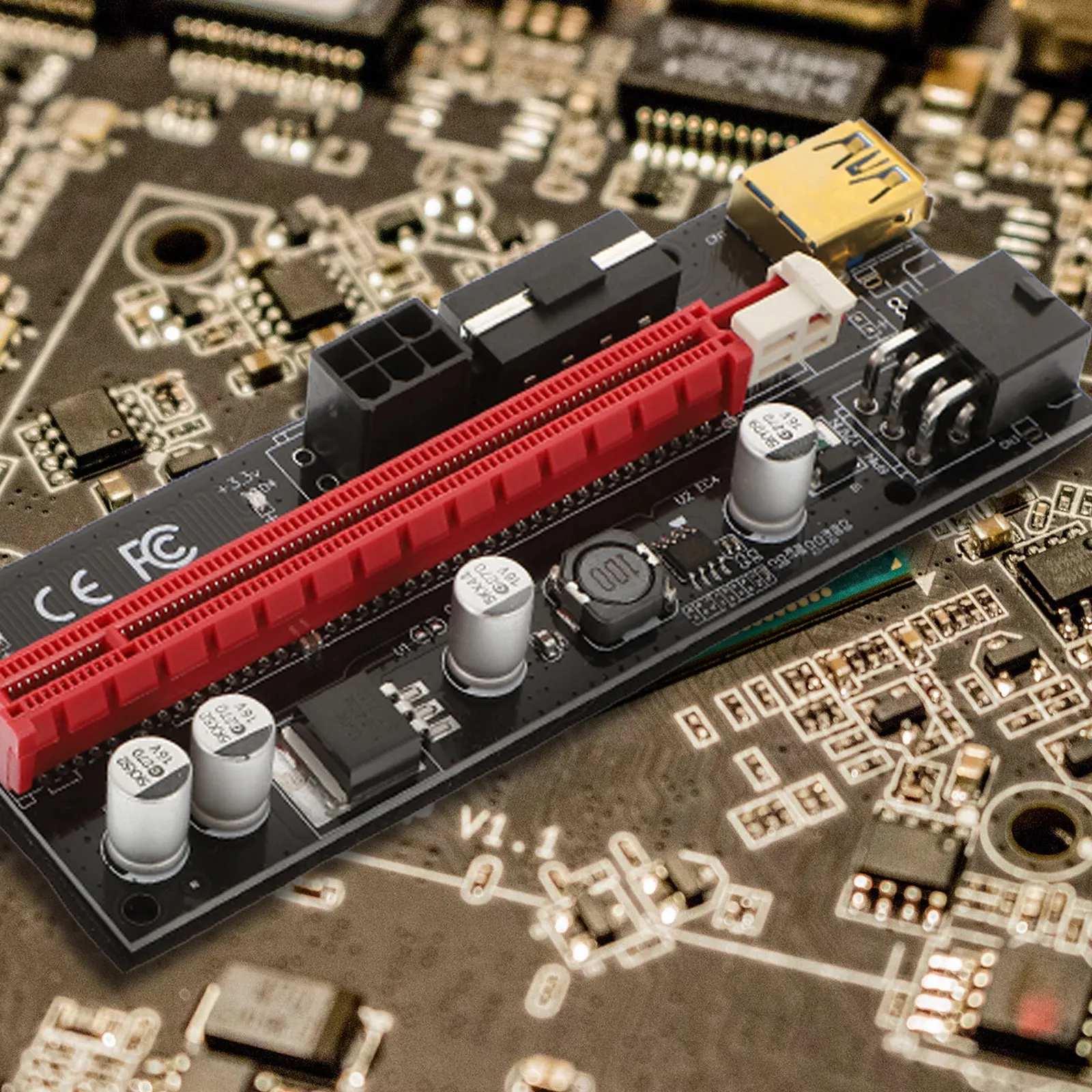 1 Set de Adaptador Extensor PCI-E 1X a 16X para Riser de Minería GPU con Soporte de Alimentación de 6 Pines y Voltaje Estable de 12V DC-DC para Larga Distancia
