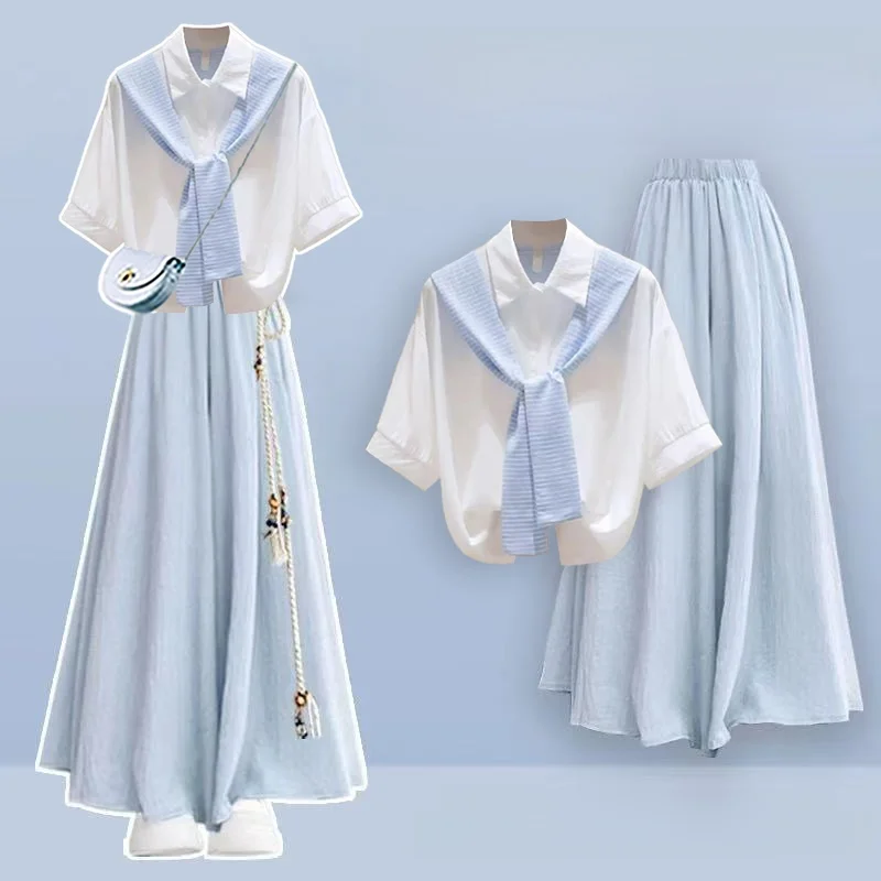 

Summer Fashion College Style Shirt And Scarf Casual Skirt Set Short Sleeve Breathable Cotton Print Pattern Universal Fit