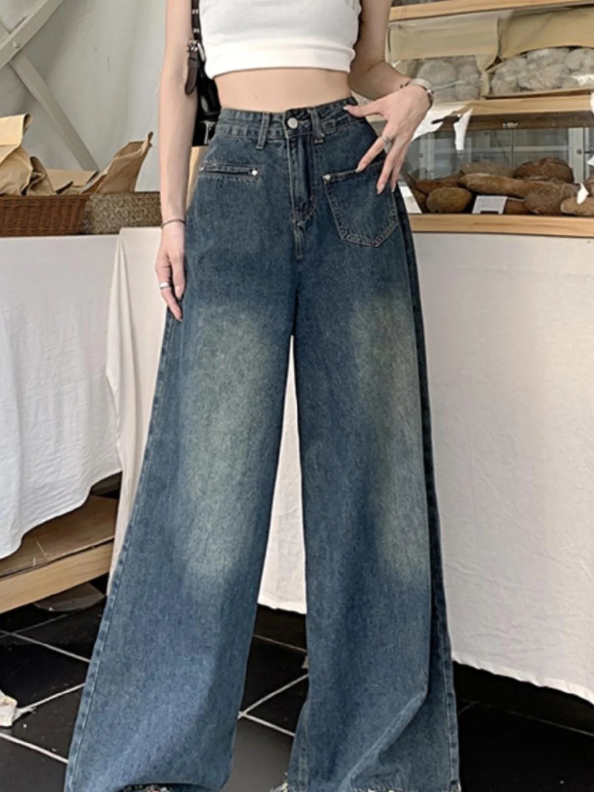 Retro High Waist Wide Leg Jeans Women's New Sle Large Size Slimming Design Sensation Long Pants Dra Sensation Frayed 