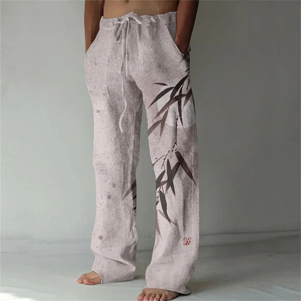Loose And Casual men's New Bamboo Leaf 3D Printed sweatpants, Versatile And Fashionable Pocket Drawstring Sports Pants