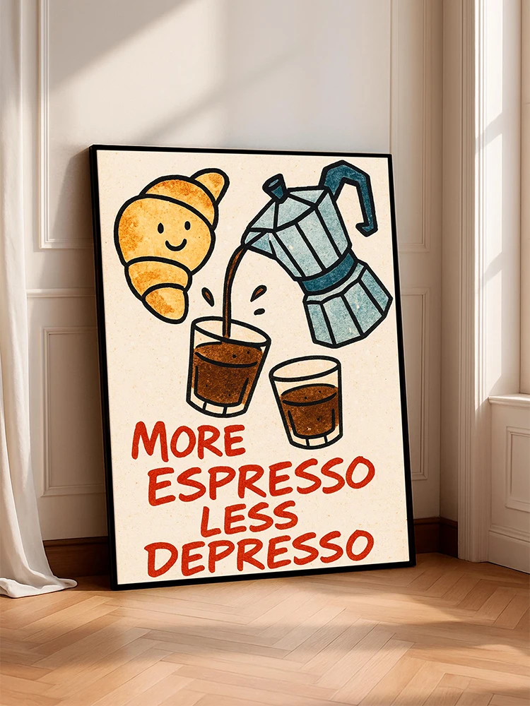 1pc frameless Italian Moka Espresso Retro Print More Espresso Less Depresso Coffee Quote Motivational Canvas Poster Kitchen Wall