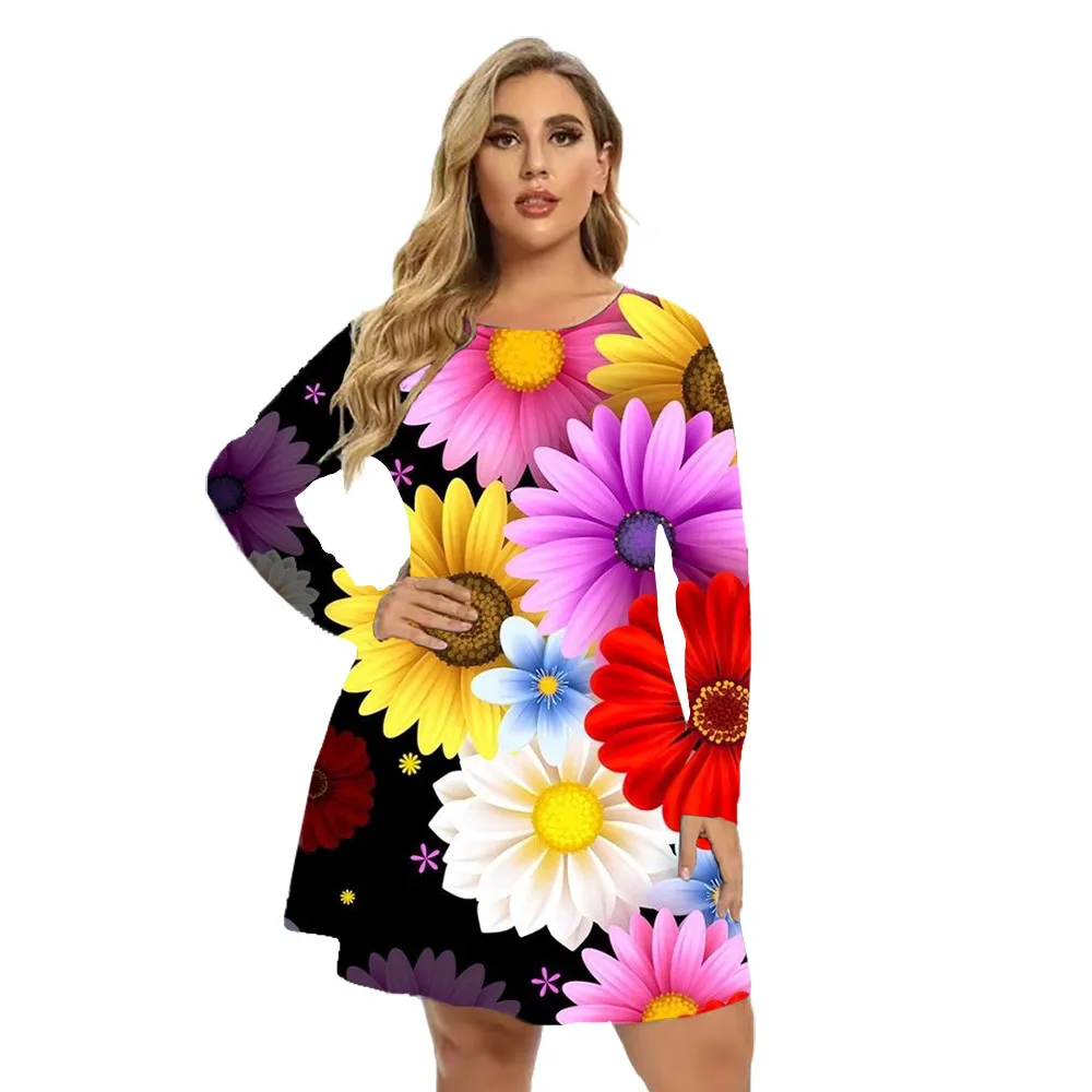 5XL 6XL Plus Size Women Clothing Fashion Long Sleeve Floral Printed Dresses Women For 2023 Autumn Big Sizes Casual Loose Dress