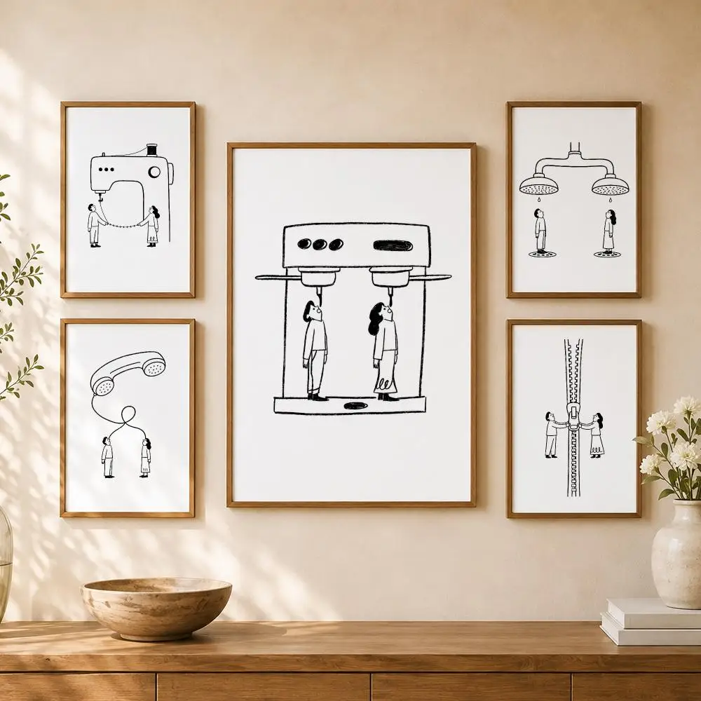 Minimalist Tiny People Everyday Objects Whimsical Line Art Poster Home Room Bar Cafe Club Decor Aesthetic Art Wall Painting