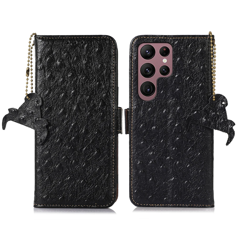 Ostrich Grain Genuine Leather Wallet Flip Case for Samsung Galaxy S23 Plus S21 FE S22 S24 Ultra 5G A24 A34 A54 A14 A13 A53