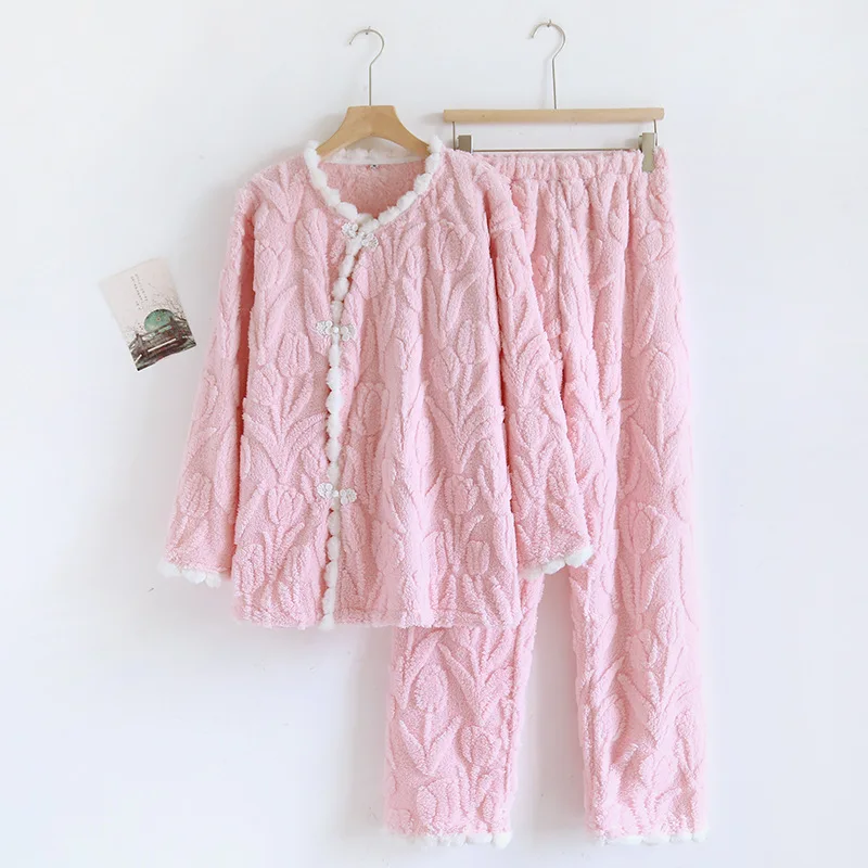 

Female Nightwear Long Sleeve Pajamas Set Winter New Arrived Warm Flannel Sleepwear Women Nightie Pyjamas Two-piece Home Clothes