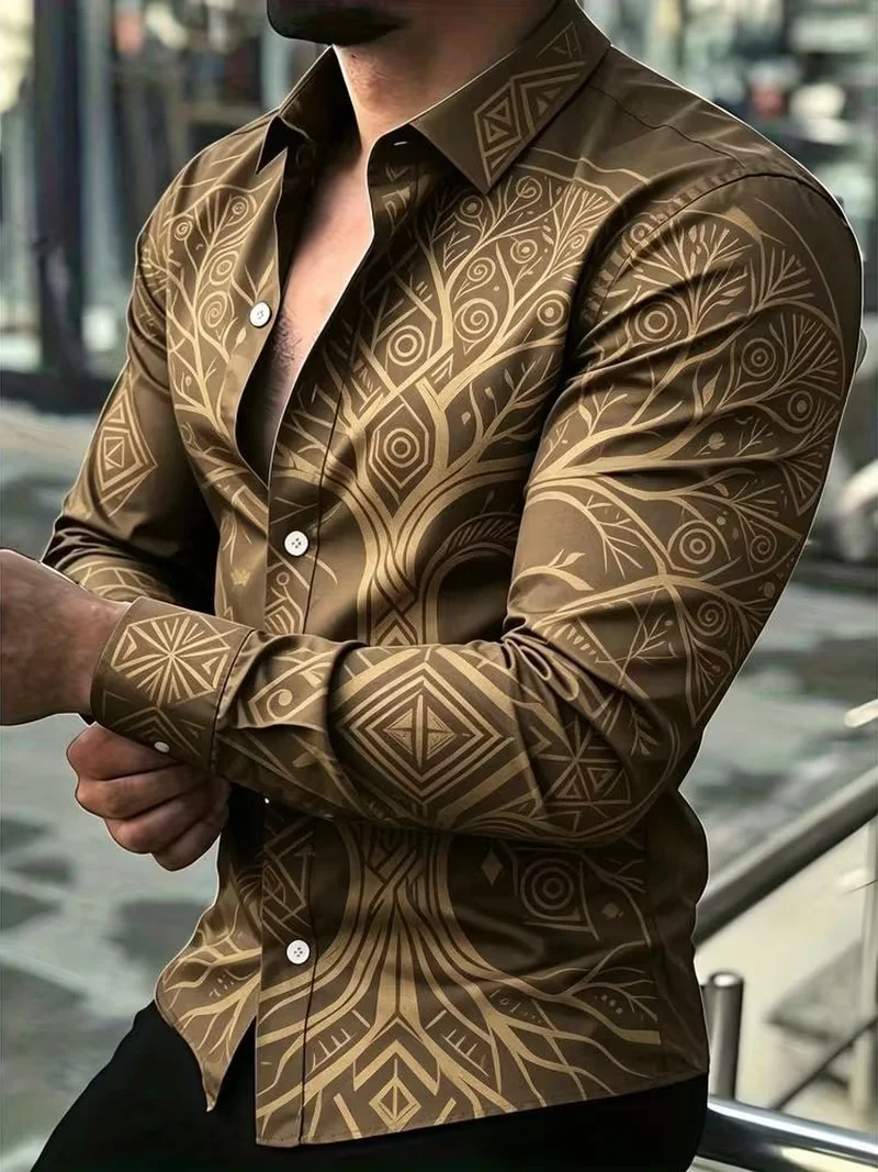 New Geometry 3D Printed Multi Pattern Splicing Western Shirt High Vertical Smooth Light Luxury Men's Long Sleeve Shirt
