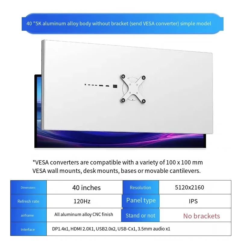 40 Inch NANO-ips CNC Alumin Computer Monitor 5K WLED 5120*2160 HDR10 120Hz type-c 100w Thunderbolt for Mac kuycon P40K MATT SCRE